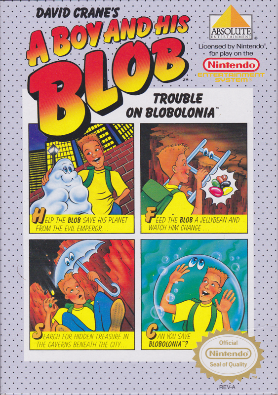 A Boy and His Blob Trouble on Blobolonia box art for NES